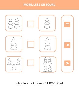 More.Less.Equal.Educational game for kids with Christmas trees.