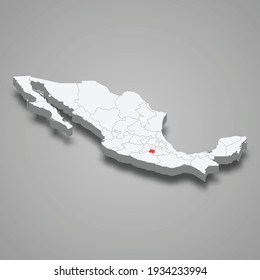 Morelos region location within Mexico 3d isometric map