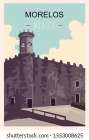 Morelos retro poster. Morelos travel illustration. States of Mexico greeting card. 