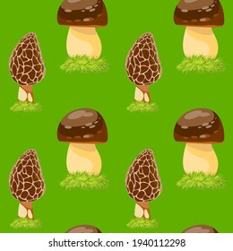 Morels and champignons mushrooms on a green background, texture for design, seamless pattern, vector illustration