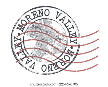 Moreno Valley, CA, USA Stamp Map Postal. Silhouette Seal Roads and Streets. Passport Round Design. Vector Icon. Design Retro Travel National Symbol.