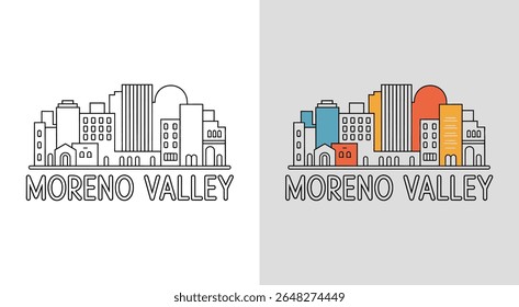 Moreno Valley skyline com Box Springs e edifícios suburbanos para arte serena da paisagem urbana.