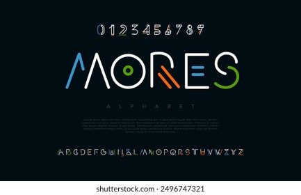 Mores creative modern geometric urban alphabet font. Digital abstract futuristic, game, techno, robot, music, logo, sport, minimal technology typography. Simple numeric vector illustration