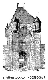 Moret Gate, thirteenth century, vintage engraved illustration. Industrial encyclopedia E.-O. Lami - 1875.