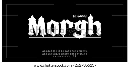 Morgh Gothic font, medieval dark tattoo y2k alphabet, letter typography print, dark vintage scary typeface. Rock poster, metal music handwriting graffiti, magic calligraphy. Gothic font design grunge