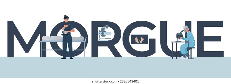 Morgue forensic pathologist composition with flat text and doodle characters of police officer and medical specialist vector illustration