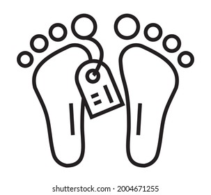 Morgue Icon In Thin Line Style. Bare Feet With A Tag. A Dead Man Is Lying In A Morgue, A Funeral Home