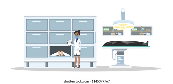 Morgue interior. Dead bodies in the mortuary. Female morgue worker standing with clipboard and looking at cadaver. Isolated vector flat illustration