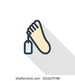 morgue tag, human deaths thin line flat color icon. Linear vector illustration. Pictogram isolated on white background. Colorful long shadow design.