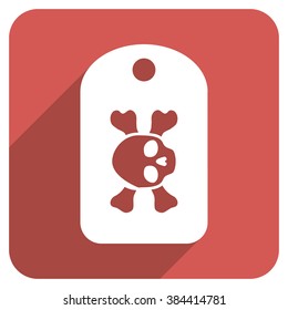 Morgue Tag long shadow vector icon. Style is a flat symbol on a red rounded square button.