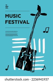 Morin khuur, folk. Music festival poster. String musical instruments. Competition. A set of vector illustrations. Minimalistic design. Banner, flyer, cover, print.