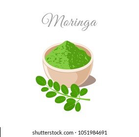 Moringa green powder in bowl. Plant and leaves isolated on white background. Vector illustration flat design