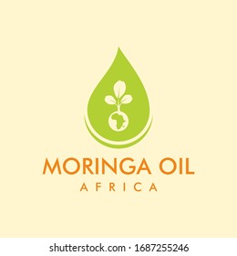 Plantilla de logo para aceite de moringa. el concepto de gotitas de petróleo, hojas de moringa crecen en suelo africano nativo