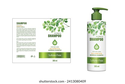 Moringa Oleifera Shampoo Label Design, Shampoo-Flaschendesign, Vektorgrafik-Design, EPS-Paket, Aquarell Moringa Blätter Etikettendesign, Mock up Shampoo, Vektordesign, Moringa Shampoo