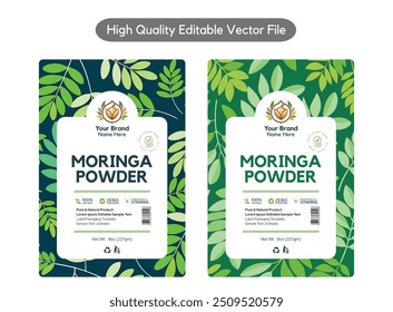 Moringa Powder label packaging design Moringa label sticker design for pouch packaging and jar product label design, Editable vector file illustration High Quality print ready file download