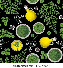 Moringa seamless pattern. Hand drawn background. Organic healthy food. Moringa leaves, plant, powder, oil. Super food hand drawn pattern. Vector illustration.