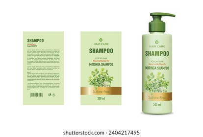 Diseño de etiqueta de champú moringa, diseño de plantilla de botella de champú, ilustración vectorial, diseño de etiqueta vectorial, paquete EPS, diseño de etiqueta moringa de color de agua