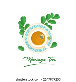 Té moringa o Moringa oleifera, servido en una taza, con hojas verdes frescas, aisladas en fondo blanco, ilustración vectorial.