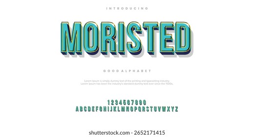 Anuncio publicitario de Vector Moristed Classic Cuisine. Fuente 3D moderna. Conjunto de letras y números de alfabeto brillante.
