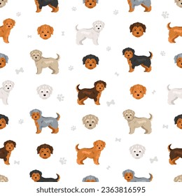 Morkie seamless pattern. Maltese Yorkshire terrier mix. Different coat colors set.  Vector illustration