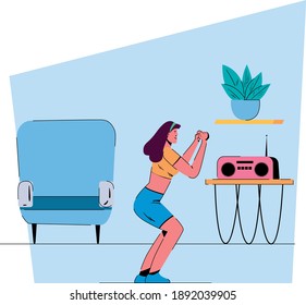 Morning activity for healthy lifestyle. A happy woman doing home training exercises. Flat design Illustration. Vector.