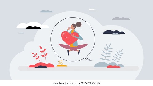 Morning affirmations for self esteem and acceptance tiny person concept. Start your day with good vibes, optimistic attitude and inspirational mindset vector illustration. Meditation and yoga therapy