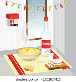 Morning after the holiday! Party with alcohol. Celebrating Christmas and New Year. Chicken soup, bacon, a bottle of vodka and bread. Hangover Recipe.