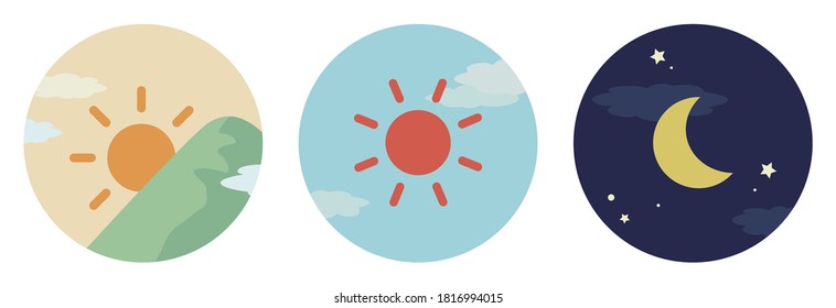 Morning, Afternoon And Evening Images. Round Icons, Set Of 3 Types.