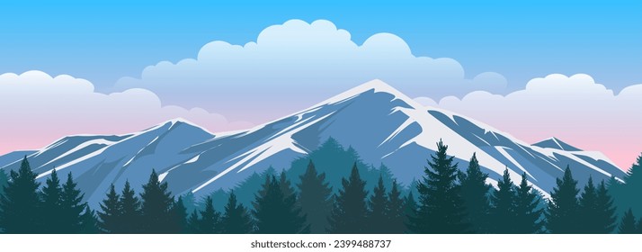 Morning alpine landscape. Mountain peaks covered with snow coniferous forest wild nature, alps mountains traveler scenery panorama horizon vector background