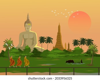 Morning atmosphere in rural Thailand.Three monks making alms .Farmers plowing with buffalo.Big Buddha and pagoda in the background