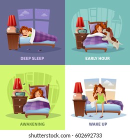 Morning awakening 2x2 design concept with cartoon compositions with young girl from deep sleep to wake up flat vector illustration