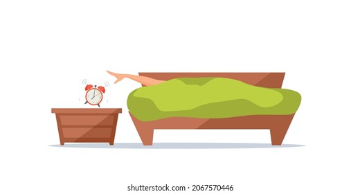 Morning awakening. The girl lying in bed is trying to reach out with her hand to a loud alarm clock. Cartoon vector illustration.