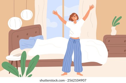 Morning awakening. Woman in pajamas. Bedroom interior. Healthy sleep. Girl taking care of health. Person having good rest. Daily schedule. Awake stretching pose. Garish