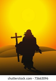 morning background with jesus christ holding cross, vector illustration