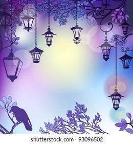 Morning background with tree branches and retro street lamps