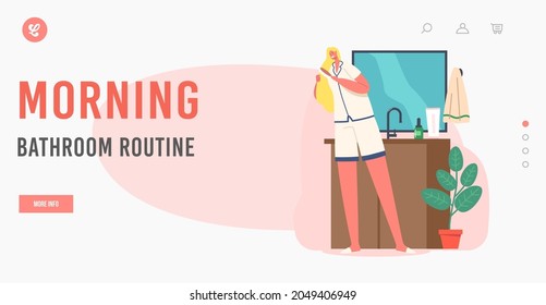 Morning Bathroom Routine Landing Page Template. Every Day Hygiene Procedures. Young Woman Stand in front of Mirror in Comb Long Hair with Brush after Having Bath or Shower. Cartoon Vector Illustration