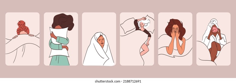 Morning in bed, coziness, relaxation concept. Female hands and head sticking out from under the blanket.