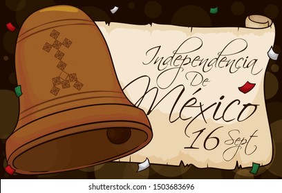 Morning with bell ringing under a confetti shower and scroll with greeting message to celebrate Cry of Dolores and Mexican Independence Day (written in Spanish).