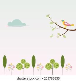 Morning bird on the branch surrounded trees. Minimal composition with three various type of trees, branch with sitting on her colorful bird and cloud in the sky.