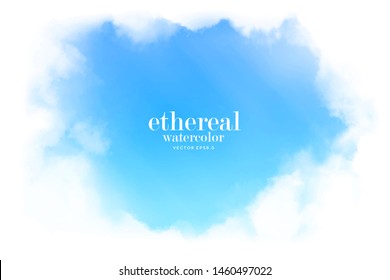 morning blue sky surrounded by soft clouds on white background. dramatic water color space. sun rays vector illustration. ethereal spiritual heaven wallpaper. eps 8