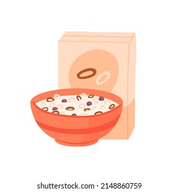 Morning bowl with cornflakes. Cereals with milk, healthy breakfast meal isolated illustration