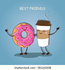 Desayuno matutino. Los mejores amigos. Imagen de café y de un donut. Ilustración vectorial.