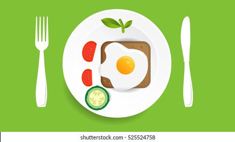 Morning Breakfast With Bread, Omelette, Egg And Salads - Vector Eps10