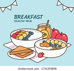 Morning breakfast collection: healthy and firm yogurt with mix fruits in bowl. Tasty homemade breakfast product vector illustration flat cartoon drawing.