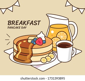 Morning breakfast collection: pancake day with berries and drinks. Tasty homemade breakfast product vector illustration flat cartoon drawing.