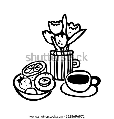 Morning breakfast concept. Doodle brunch composition with fruits, coffee, flowers. Hand drawn vector illustration.