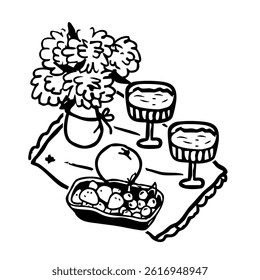 Morning breakfast concept. Doodle picnic composition with fruits, drinks, flowers. Hand drawn vector illustration.