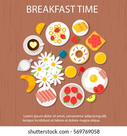 Morning breakfast concept with toast, juice, fruits and  corn flakes. Flat design illustration  for coffee time, english breakfast. For web banner and printed materials