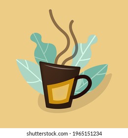 Morning breakfast with a cup of hot coffee. Invigorating drink with green leaves. Coffee Logo. The symbol of an invigorating drink is tea and coffee. Vector composition for cafes, bars, networks.