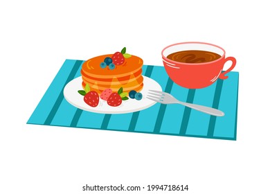 Morning breakfast - cup of tea, stack of homemade pancakes with honey syrup, strawberries, blueberries. Hand drawn cartoon style vector illustration of a delicious snack on striped textile tablecloth